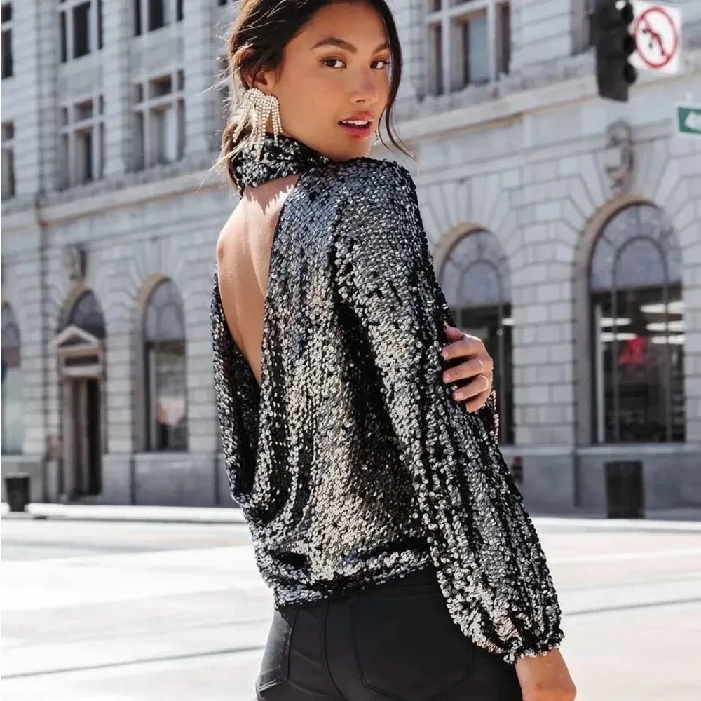 321. Free People Black Sequin Backless Top - Picture 2 of 5